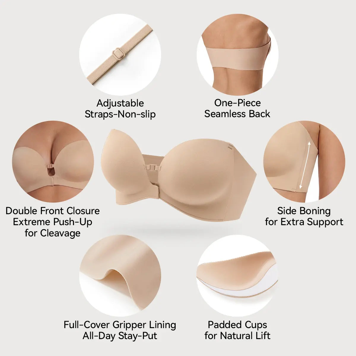 Harmivra Strapless Front-Closure Lift Bra – Seamless, Secure Support